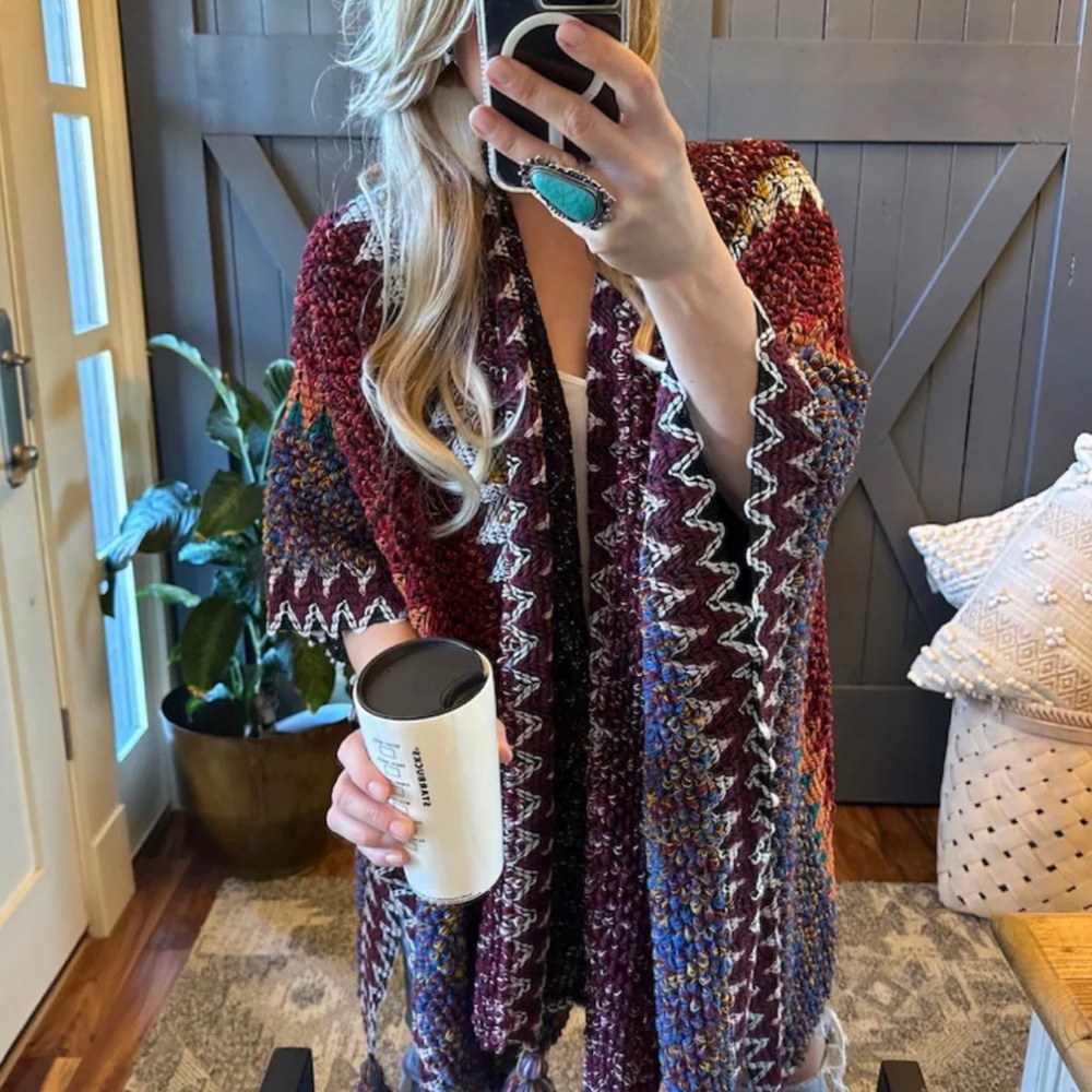 New Bohemian Loom Moroccan Knit Tasseled Handmade Poncho Cardigan Sweater - Picture 5 of 10